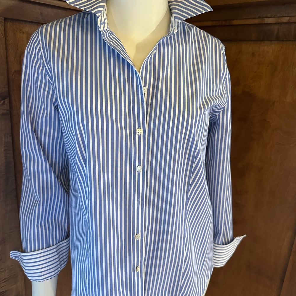 Talbots Blue and White Tailored Striped Button-Up Shirt